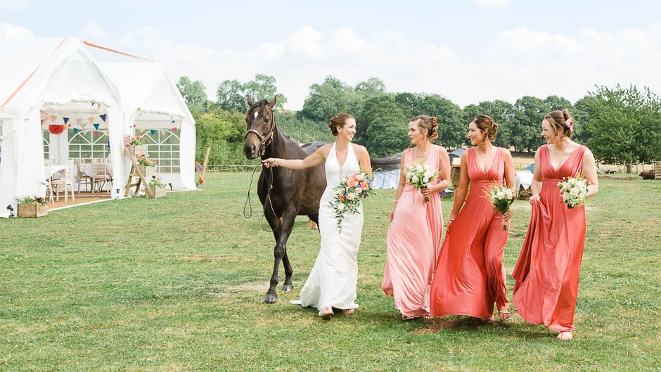 pauntley court wedding photography bride with horse