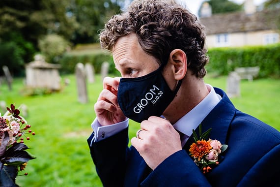 groom facemask micro wedding photographer gloucestershire