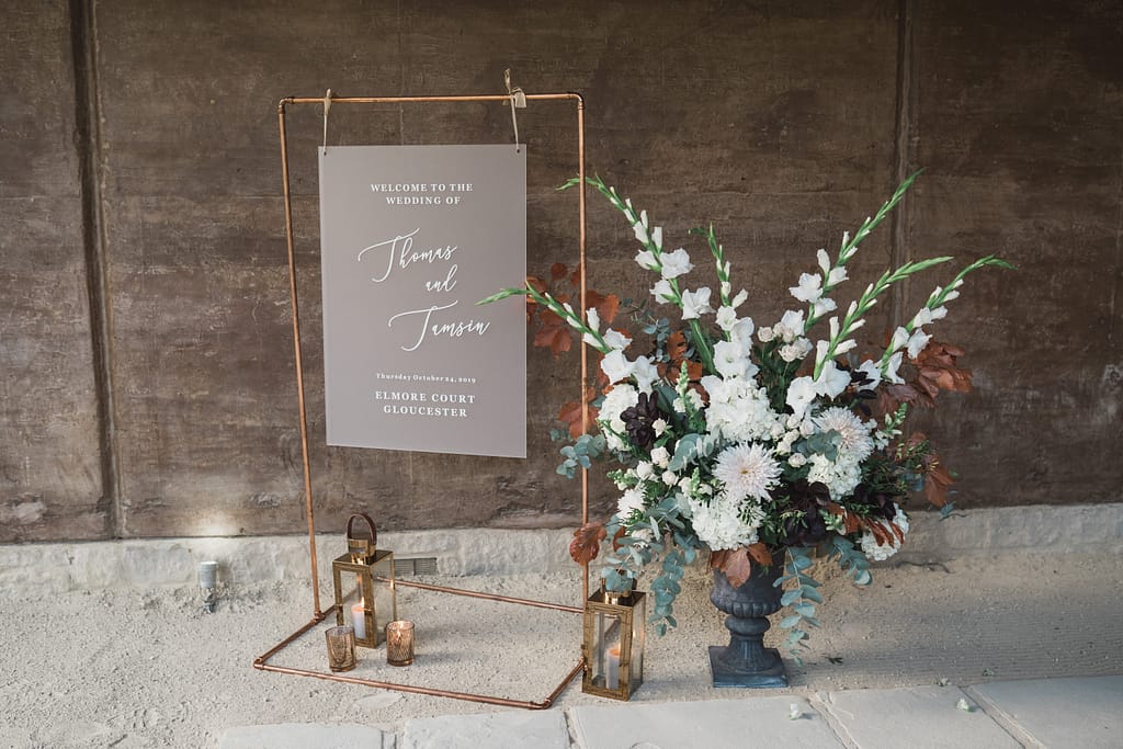 wedding sign and flowers Elmore court wedding photographer