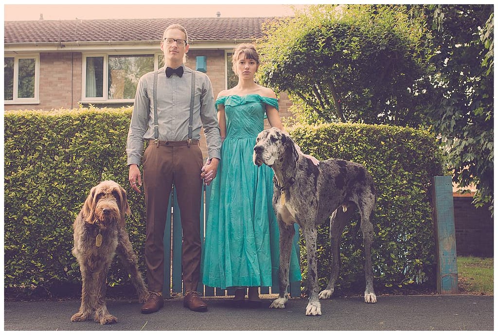 pre wedding shoot couple and standing with two great danes for a Gloucestershire wedding photographer