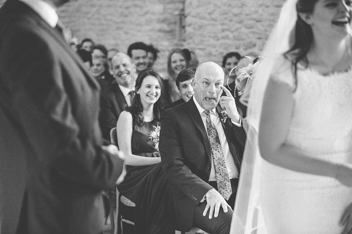 dad crying Kingscote Barn wedding ceremony photography