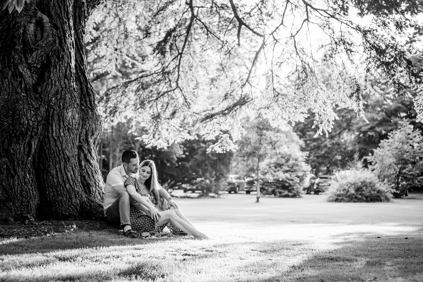 Couple sitting under tree at Tortworth Court surprise proposal wedding photographer
